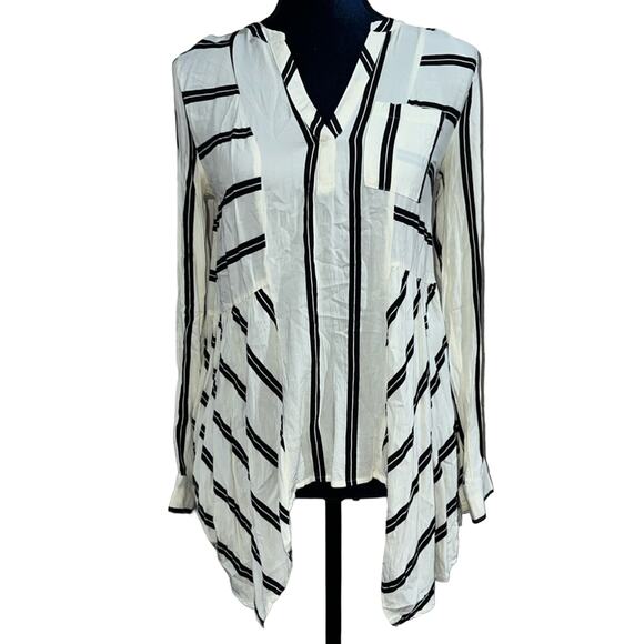 Maeve Popover Tunic Ivory Black Stripes Asymmetric Hem Long Sleeves size 2 - Picture 1 of 9